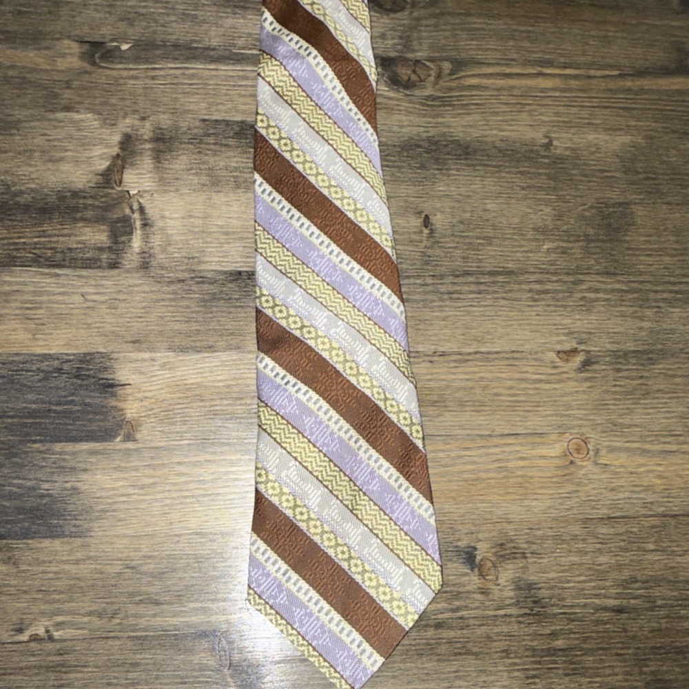 Vintage John Frederics Brown Lavender Yellow Cream Striped Neck Tie